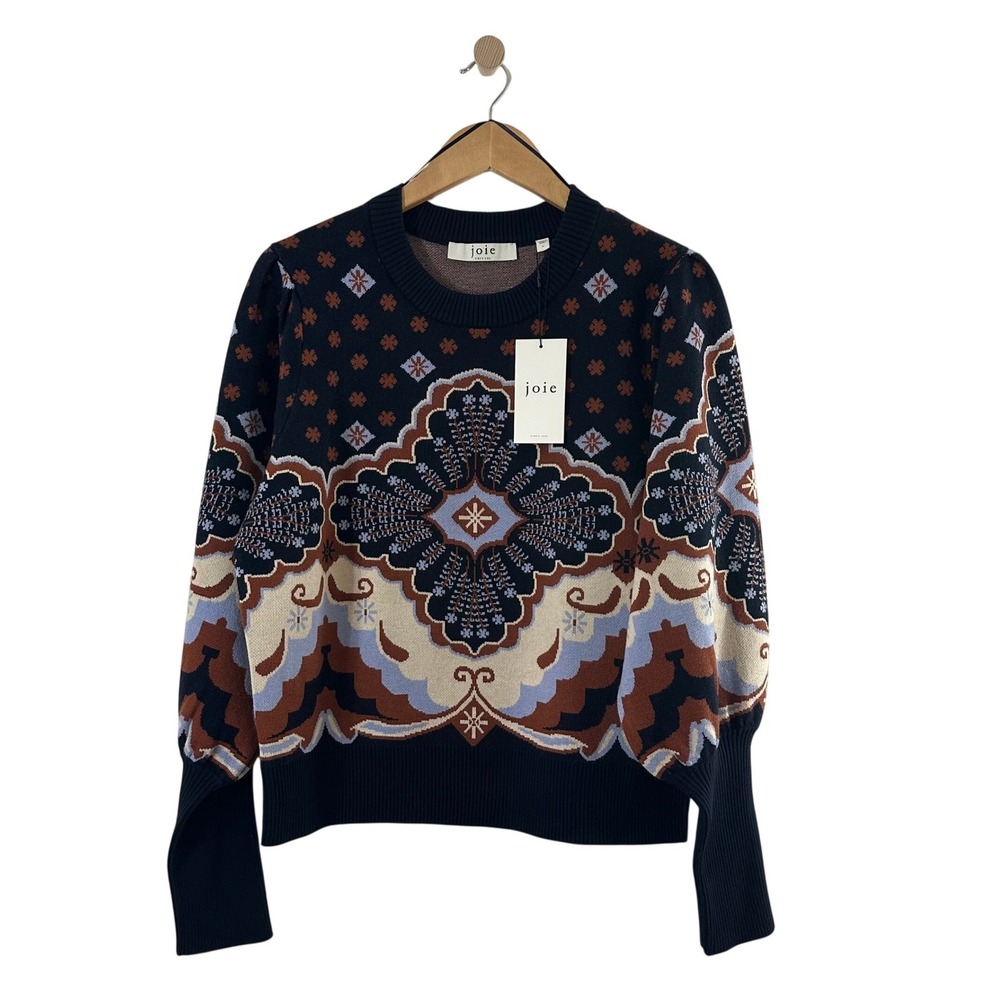 Joie Navy Medallion Jacquard Crew Neck Sweater Blue Terracotta Size L Boho NWT
